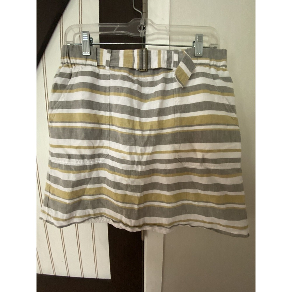 Banana Republic Womens Linen Stripe Mini Skirt Gray Yellow Elastic Waist Med